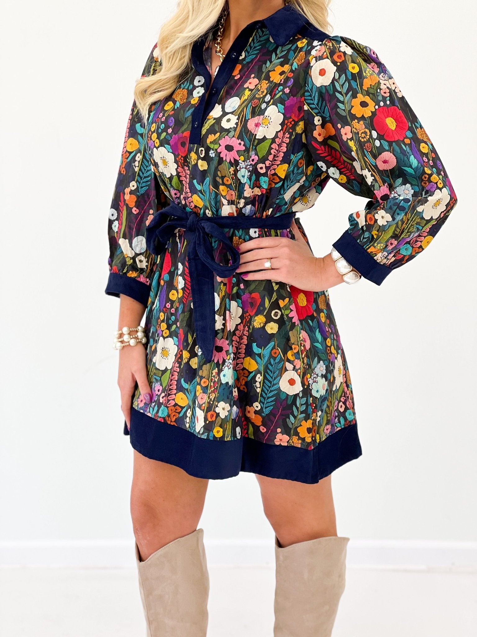 Umgee Floral Printed Long Sleeve Mini Dress - Lavish Boutique04-DRESSES