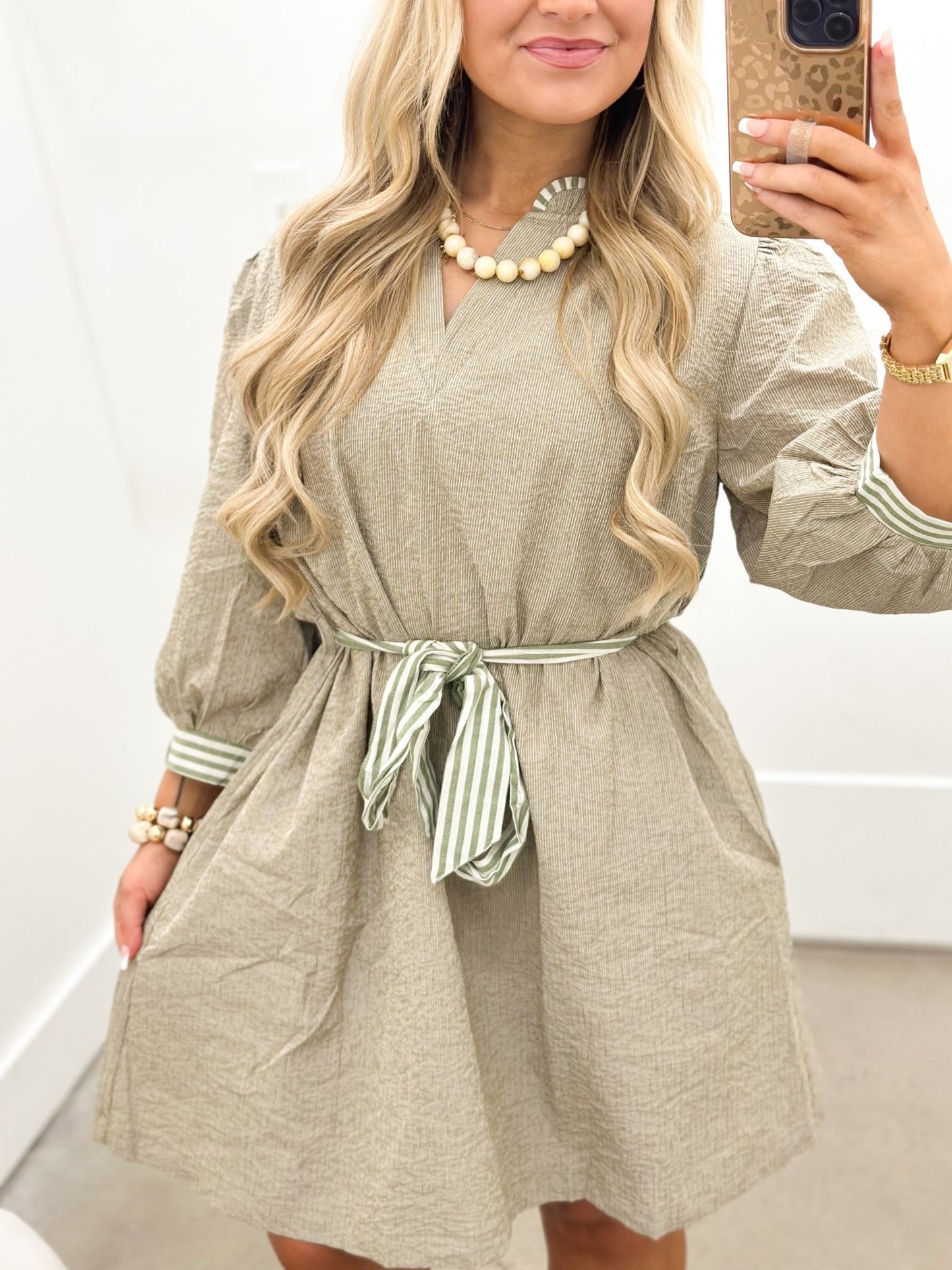 Umgee Frilled V-Neck Stripe Contrast Dress - Lavish Boutique04-DRESSES