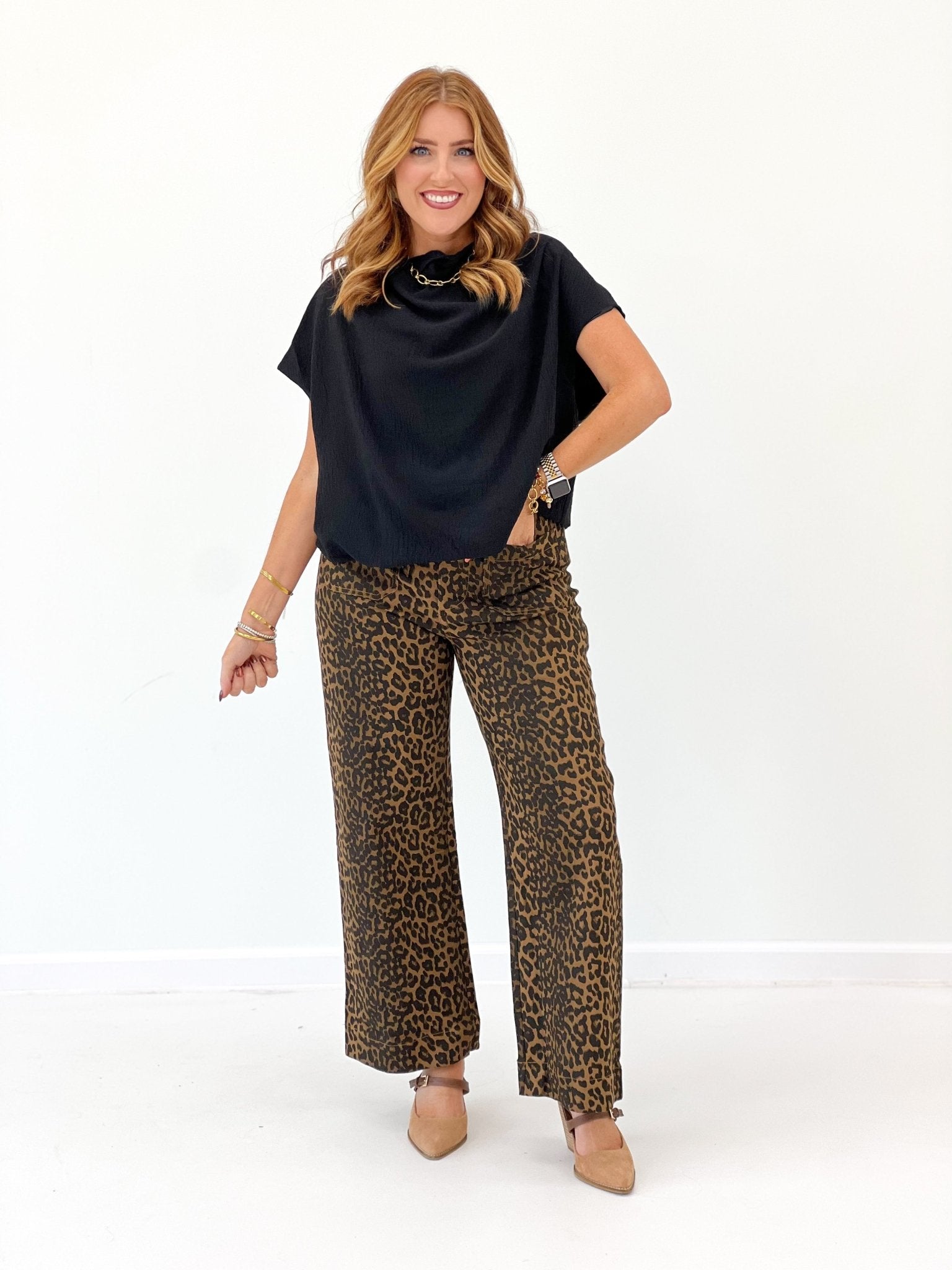 Umgee Leopard Print High Rise Wide Leg Pant - Lavish Boutique02-BOTTOMS