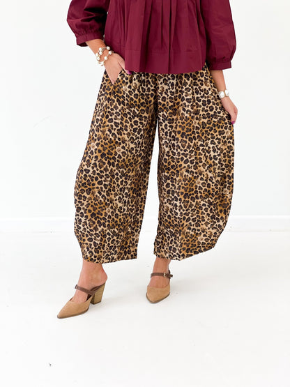 Animal print pants with a pull on elastic waistband