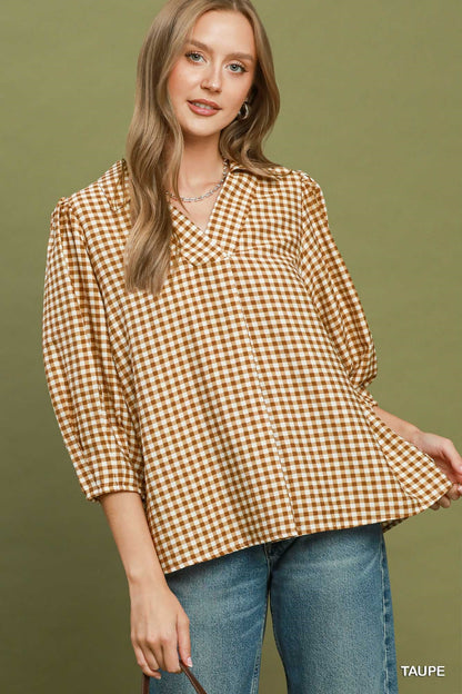 Umgee Long Sleeve Checkered V-Neck Top - Lavish Boutique01-TOPS