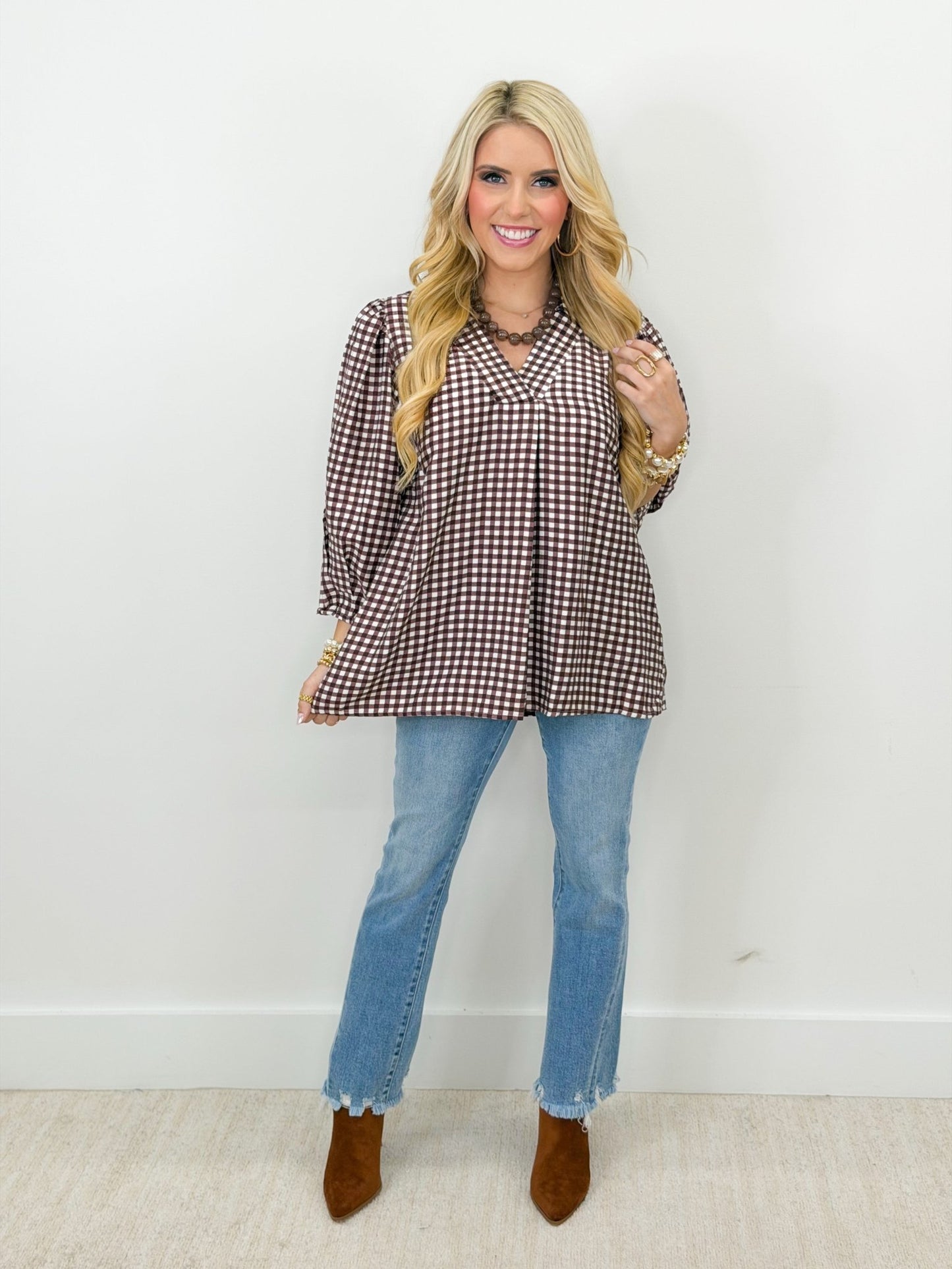 Umgee Long Sleeve Checkered V-Neck Top - Lavish Boutique01-TOPS