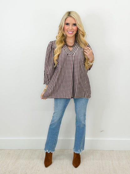 Umgee Long Sleeve Checkered V-Neck Top - Lavish Boutique01-TOPS