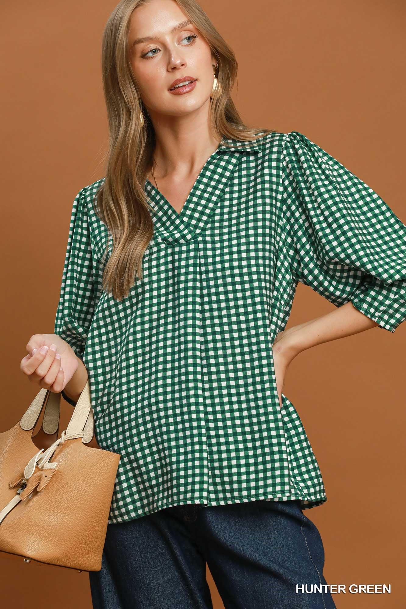 Umgee Long Sleeve Checkered V-Neck Top - Lavish Boutique01-TOPS