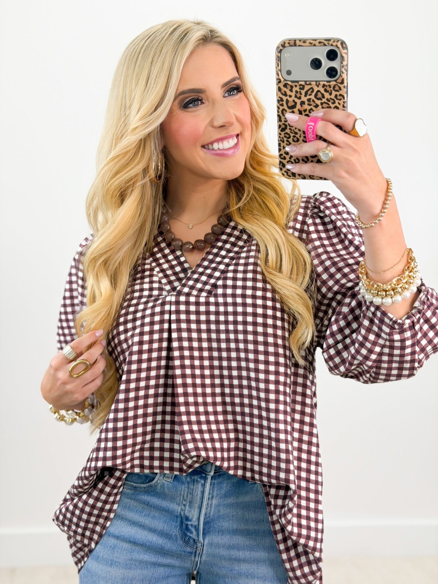 Umgee Long Sleeve Checkered V-Neck Top - Lavish Boutique01-TOPS