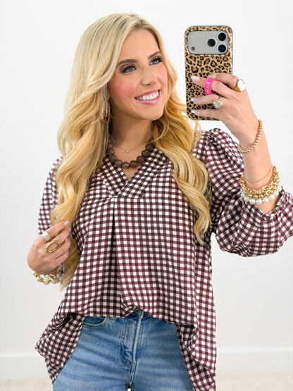Umgee Long Sleeve Checkered V-Neck Top - Lavish Boutique01-TOPS