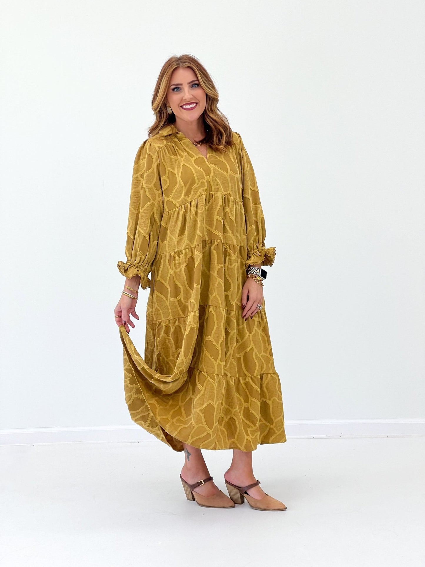 Umgee Long Sleeve Printed Midi Dress - Lavish Boutique04-DRESSES