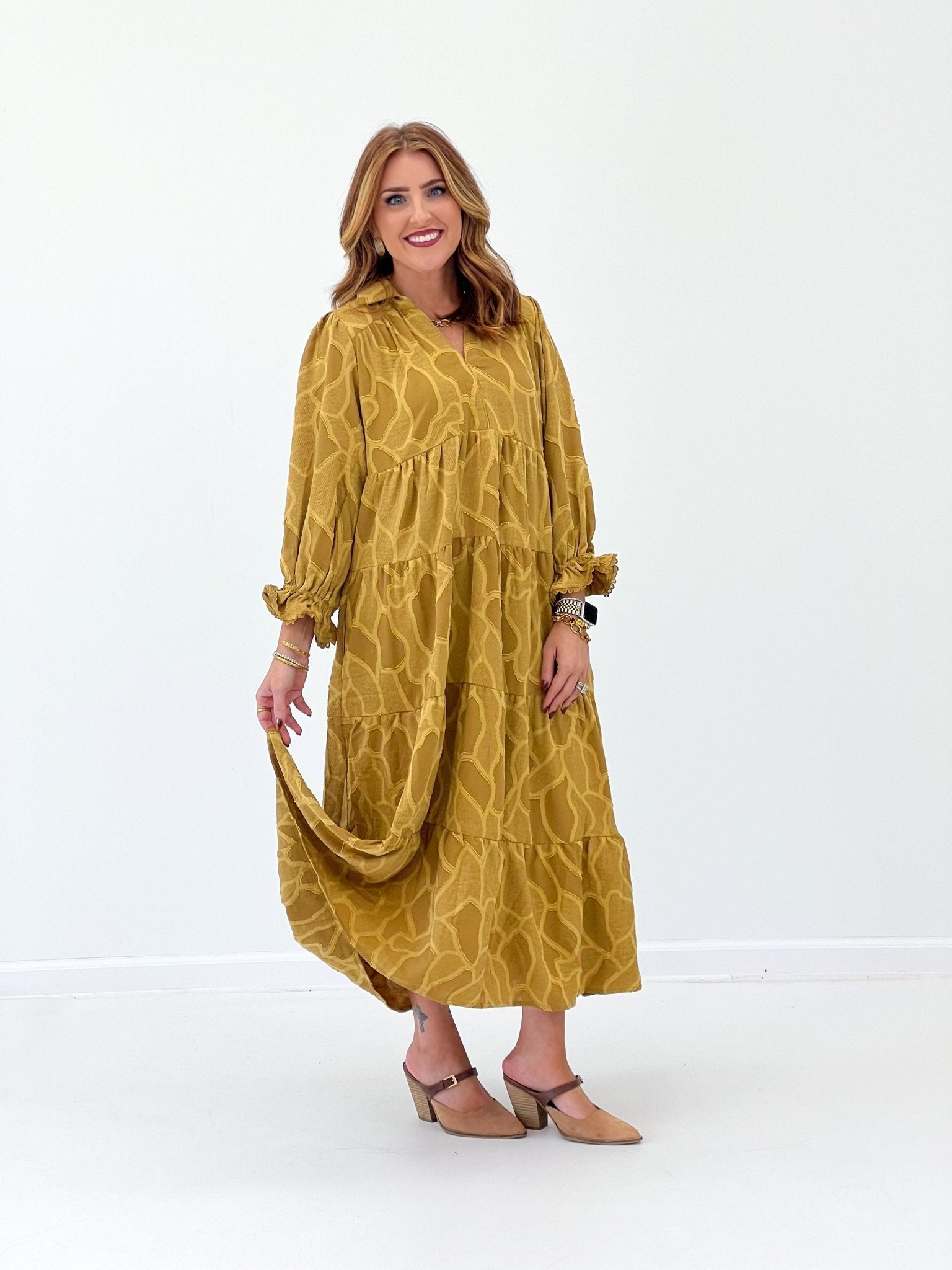 Umgee Long Sleeve Printed Midi Dress - Lavish Boutique04-DRESSES