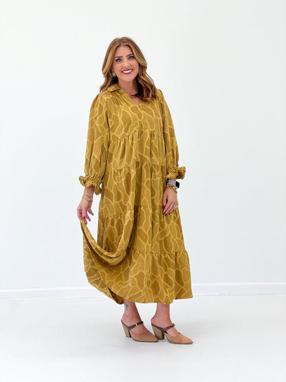Umgee Long Sleeve Printed Midi Dress - Lavish Boutique04-DRESSES