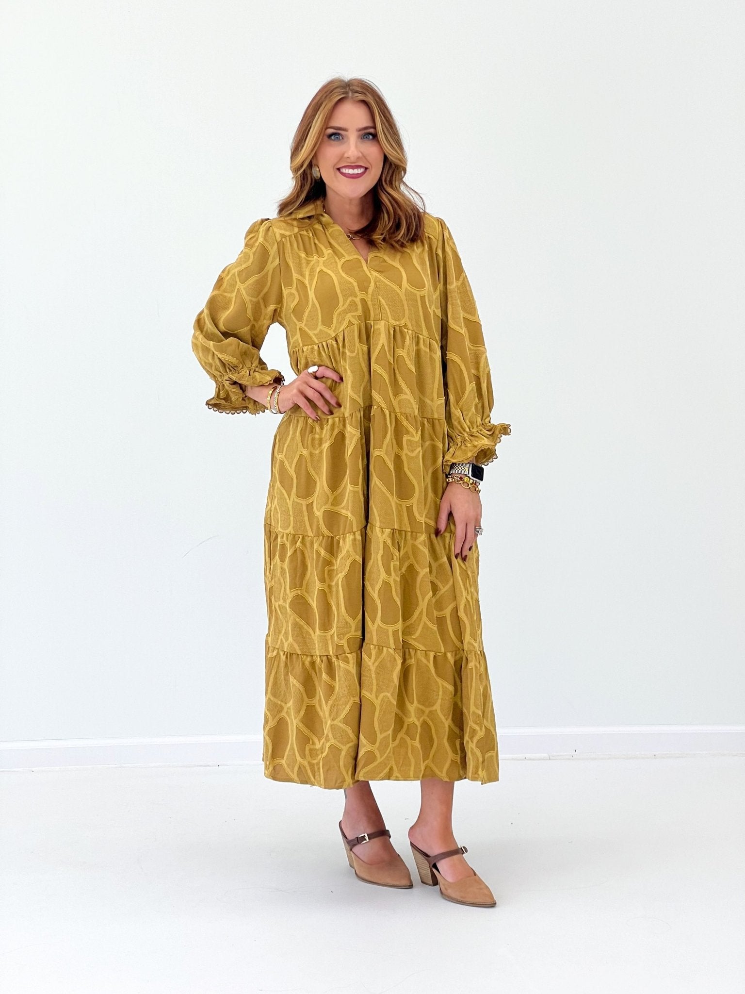 Umgee Long Sleeve Printed Midi Dress - Lavish Boutique04-DRESSES