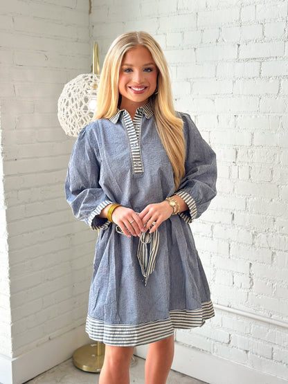 Umgee Long Sleeve Stripe Detail Dress - Lavish Boutique04-DRESSES