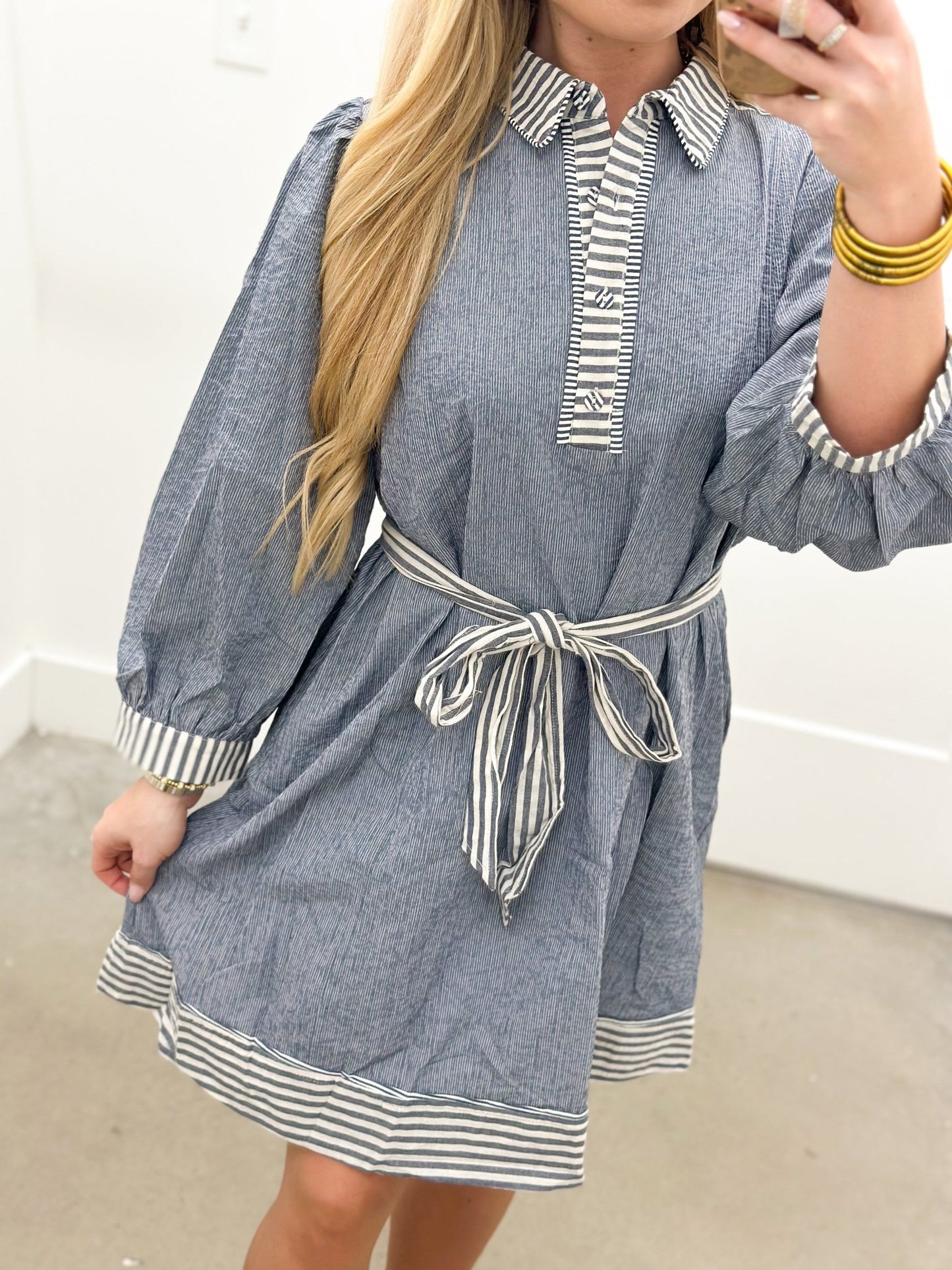 Umgee Long Sleeve Stripe Detail Dress - Lavish Boutique04-DRESSES
