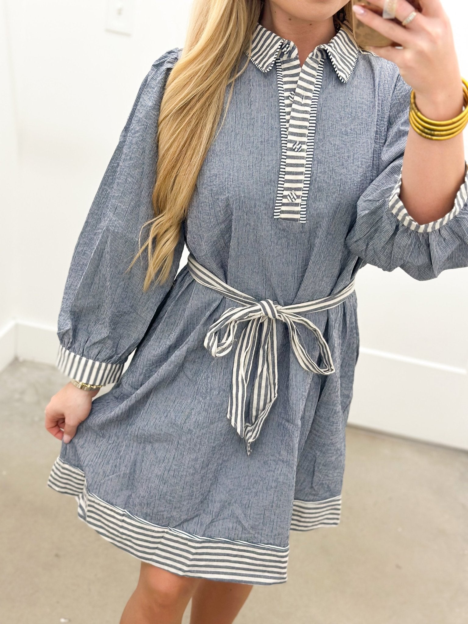 Umgee Long Sleeve Stripe Detail Dress - Lavish Boutique04-DRESSES