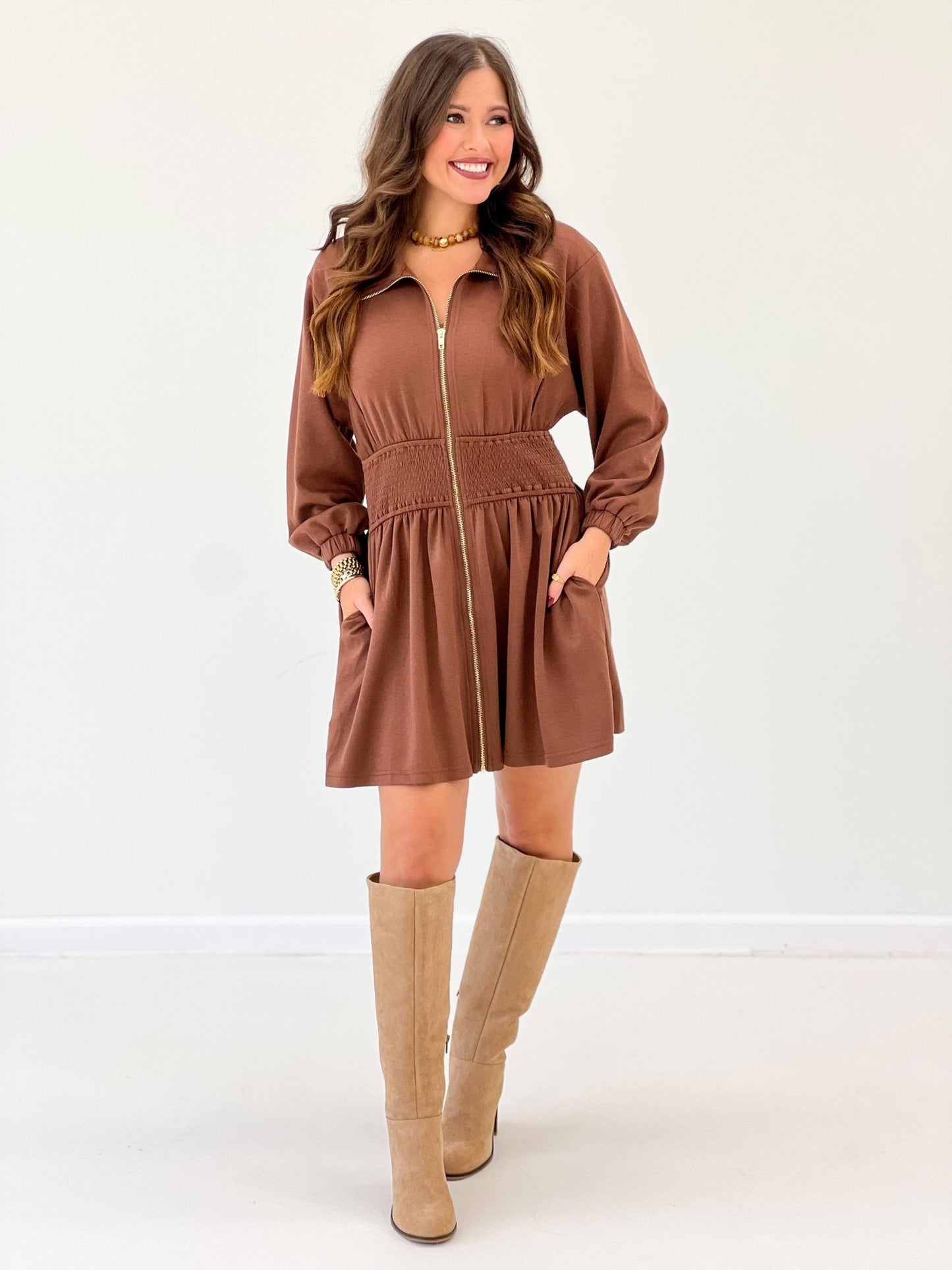 Umgee Luxe Knit Front Zip Dress - Lavish Boutique04-DRESSES