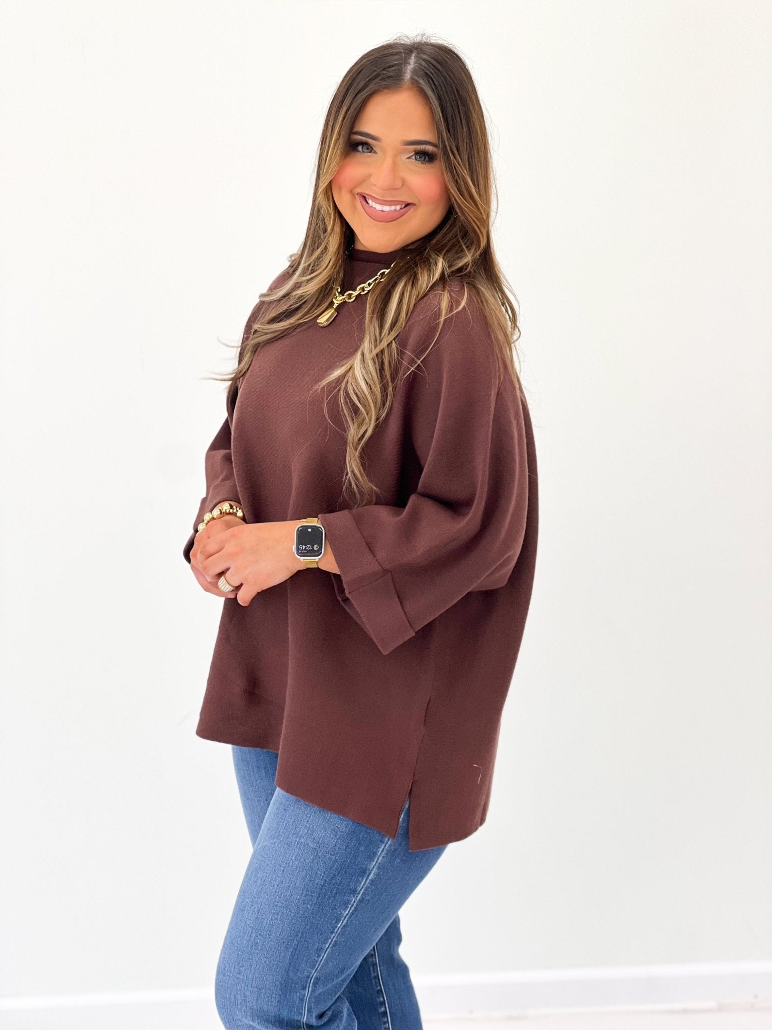 Roomy mock neck knit pullover