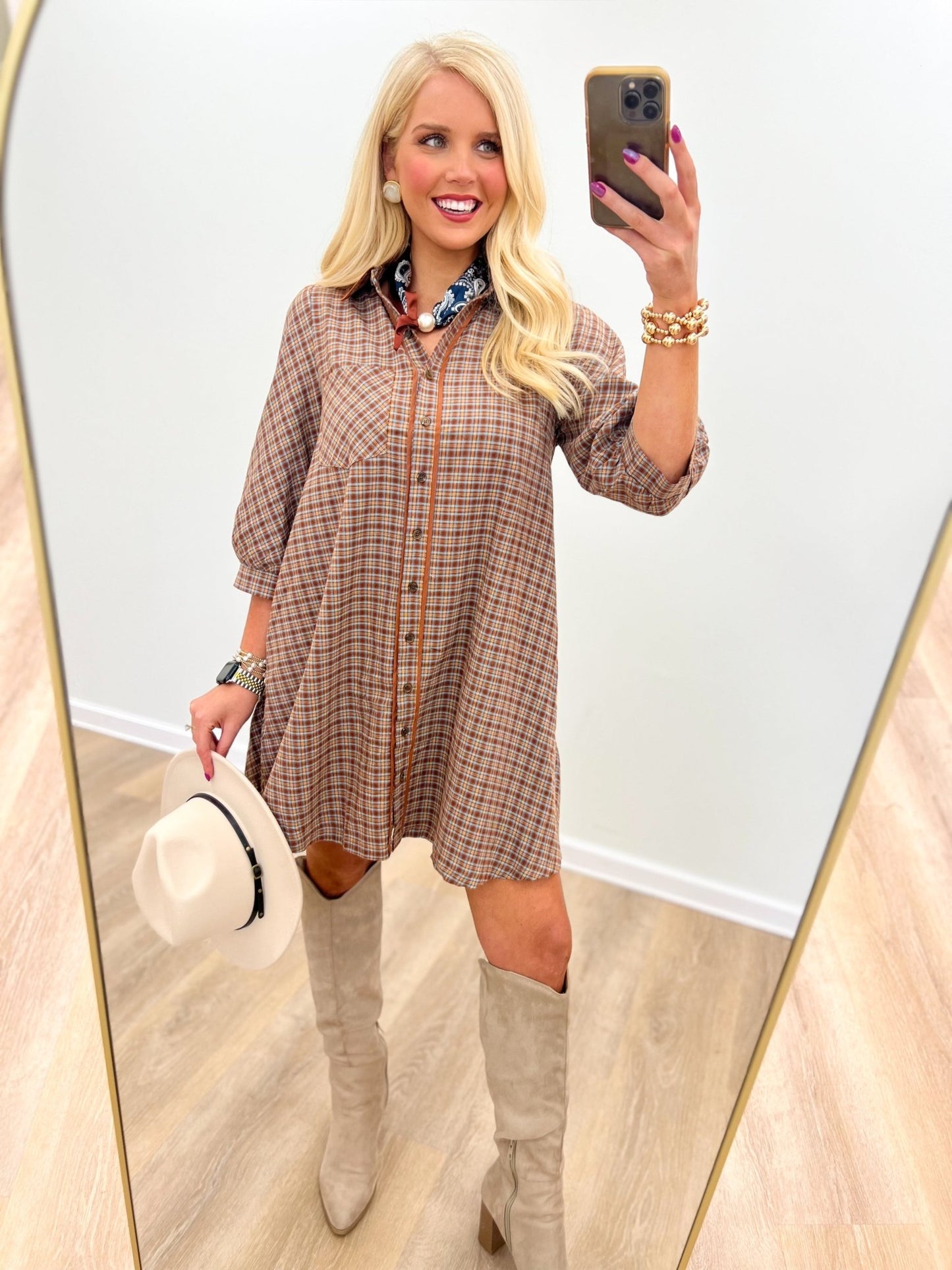 Umgee Plaid Button Down Long Sleeve Dress - Lavish Boutique04-DRESSES