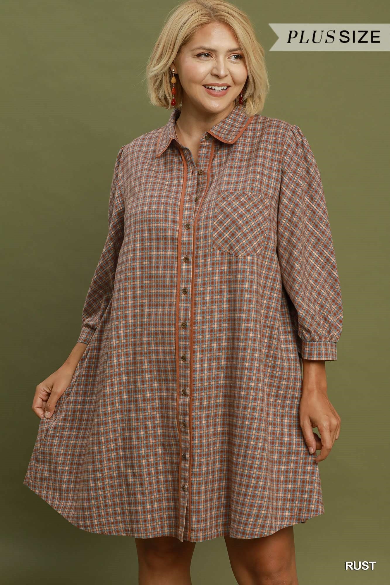 Umgee Plaid Button Down Long Sleeve Dress - Lavish Boutique04-DRESSES