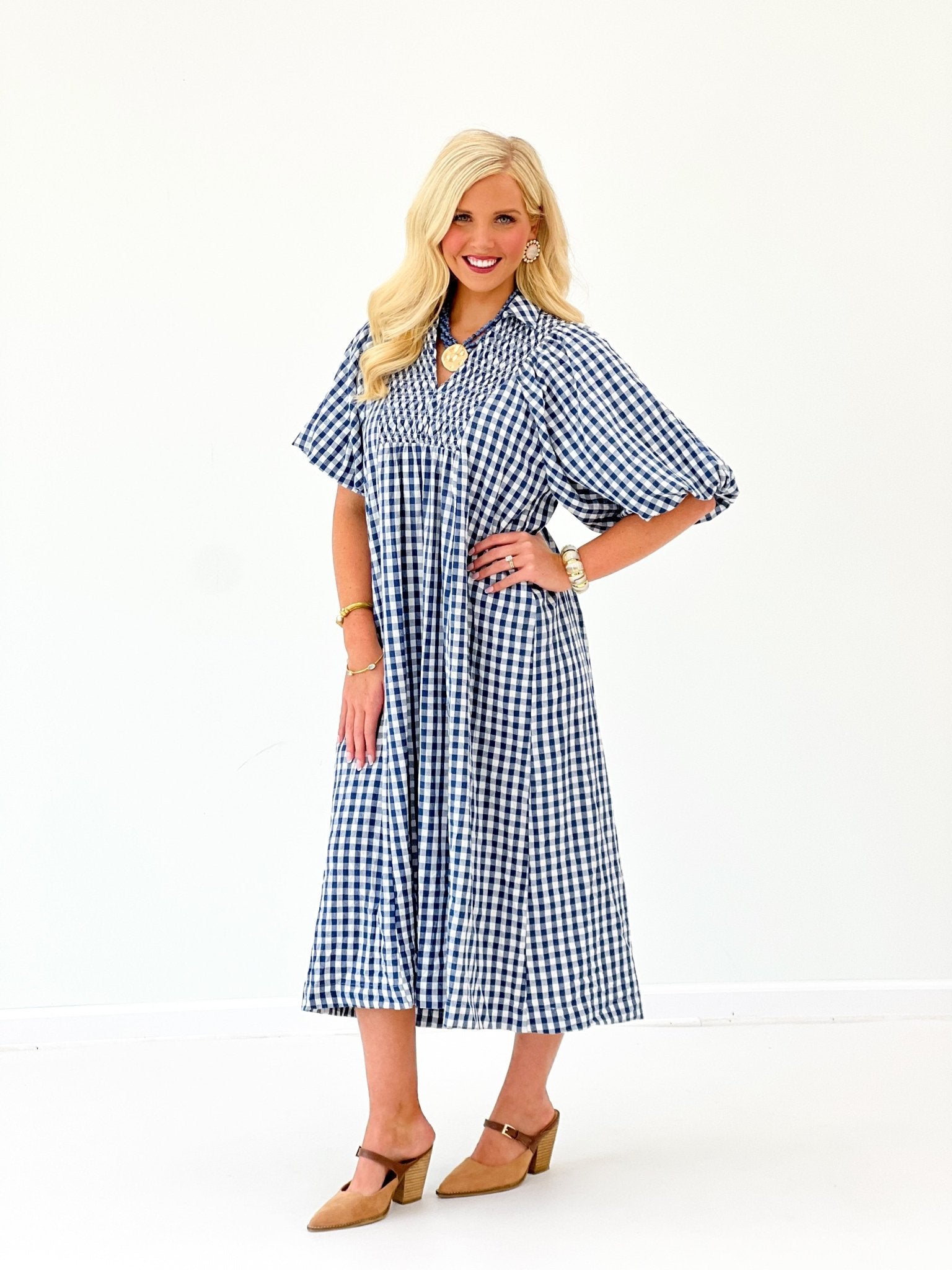 Denim blue plaid smocked midi dress with flutter short sleeves and button-front