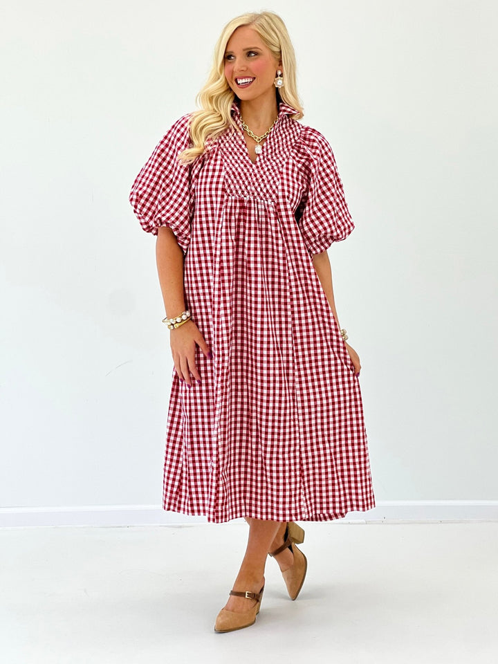 Plaid midi dress with a smocked bodice