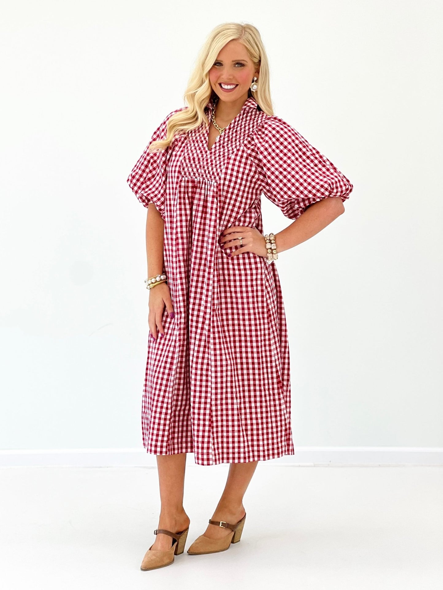 Checked plaid fabric on a smocked midi dress