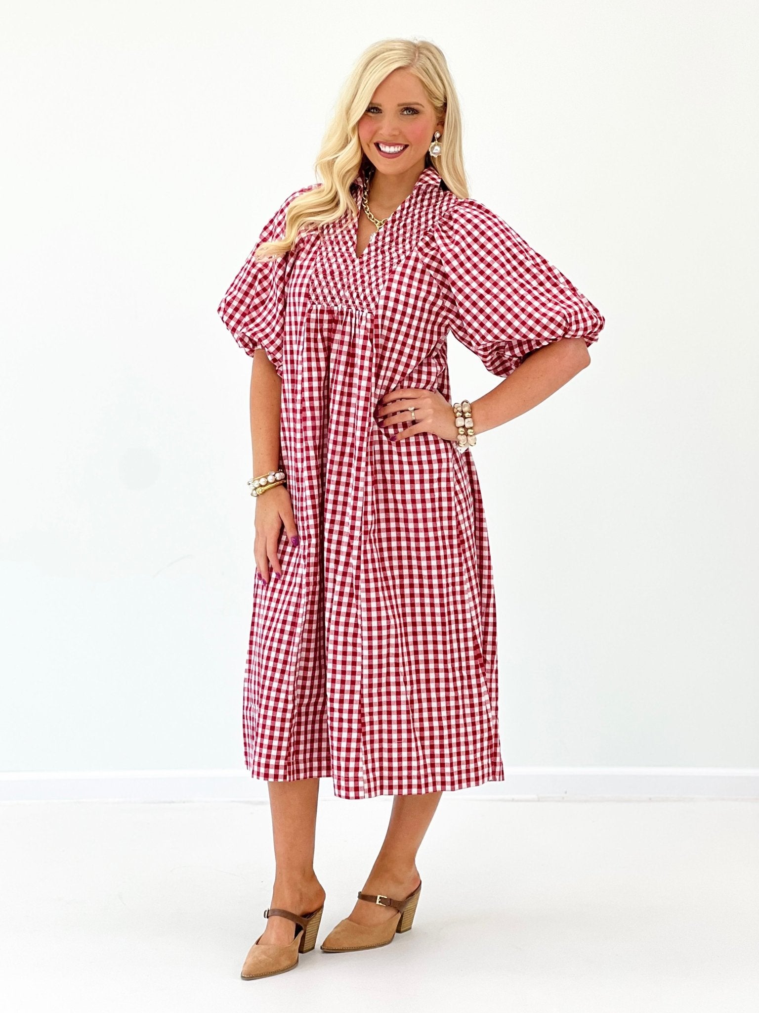 Checked plaid fabric on a smocked midi dress