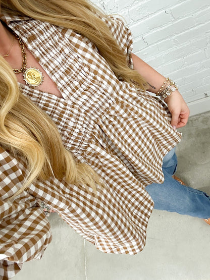 Umgee Plaid Smocked Short Sleeve Top - Lavish Boutique01-TOPS