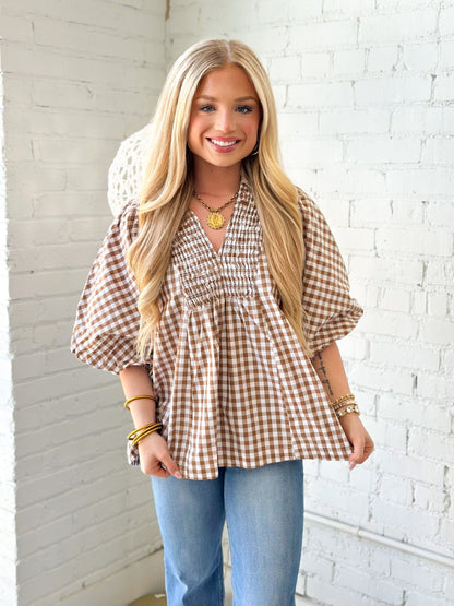 Umgee Plaid Smocked Short Sleeve Top - Lavish Boutique01-TOPS