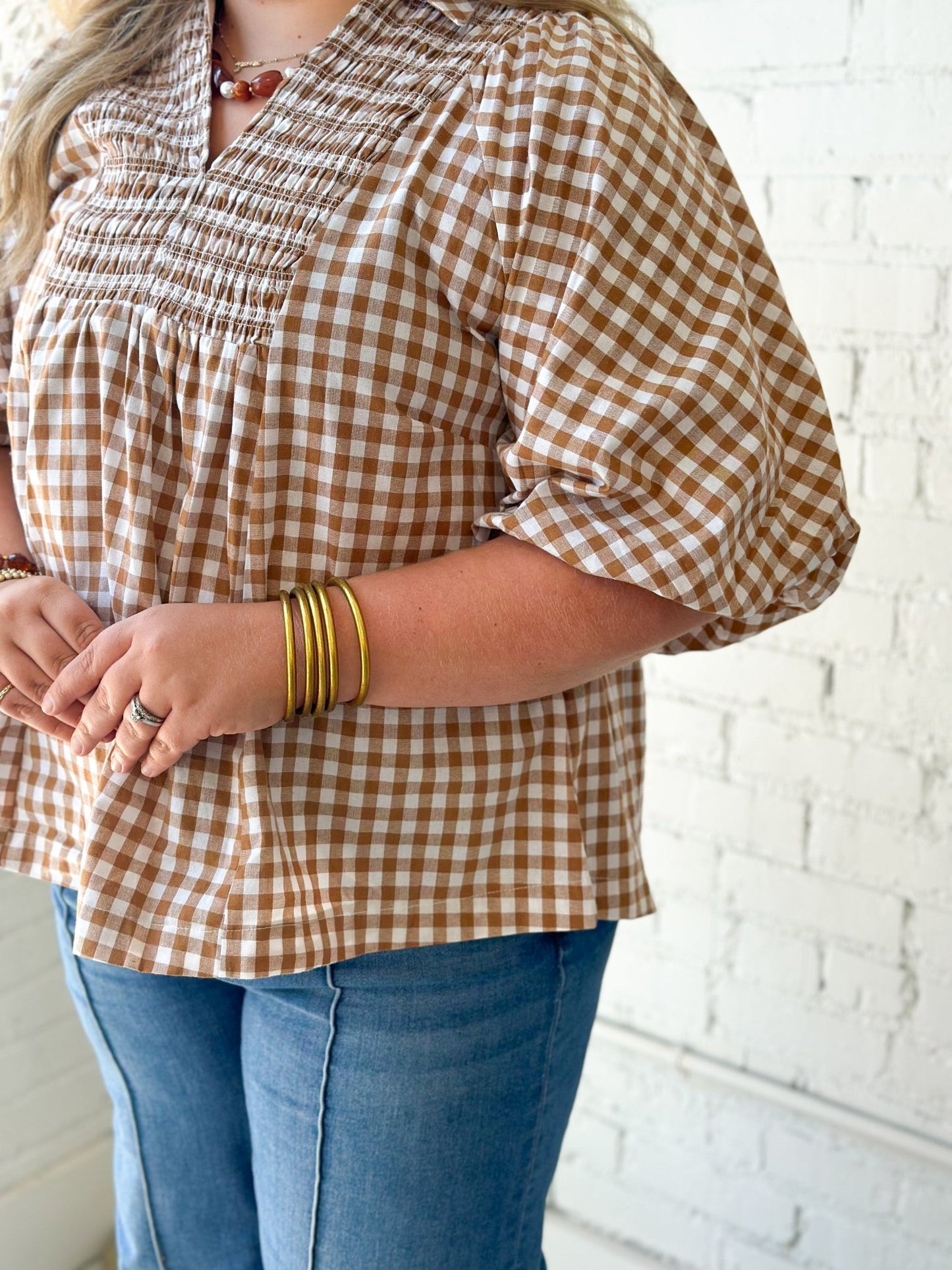 Umgee Plaid Smocked Short Sleeve Top - Lavish Boutique01-TOPS