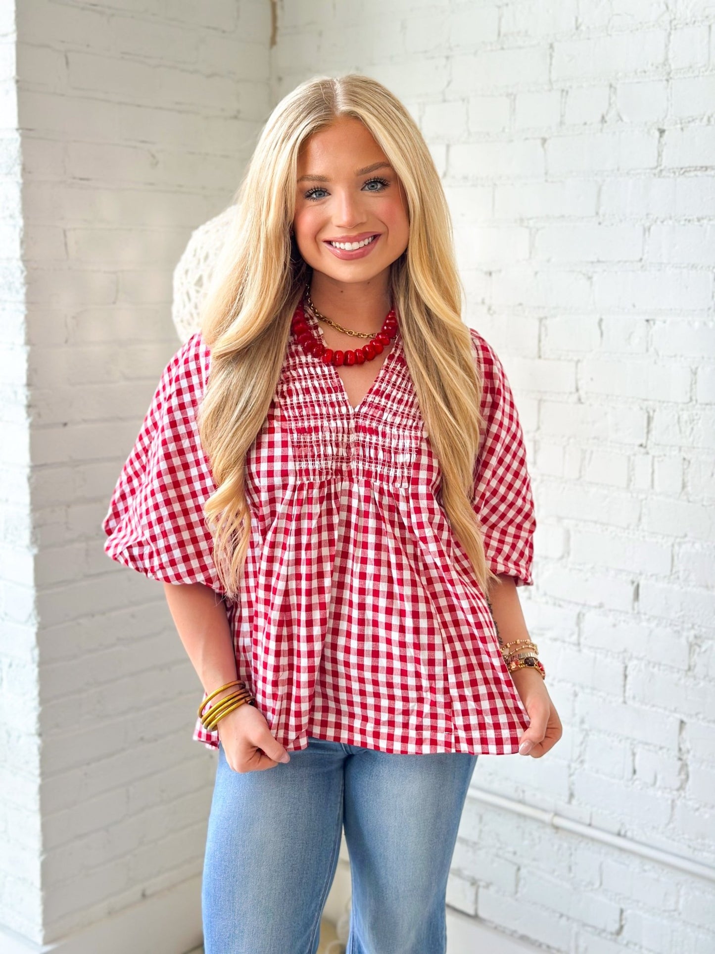 Umgee Plaid Smocked Short Sleeve Top - Lavish Boutique01-TOPS