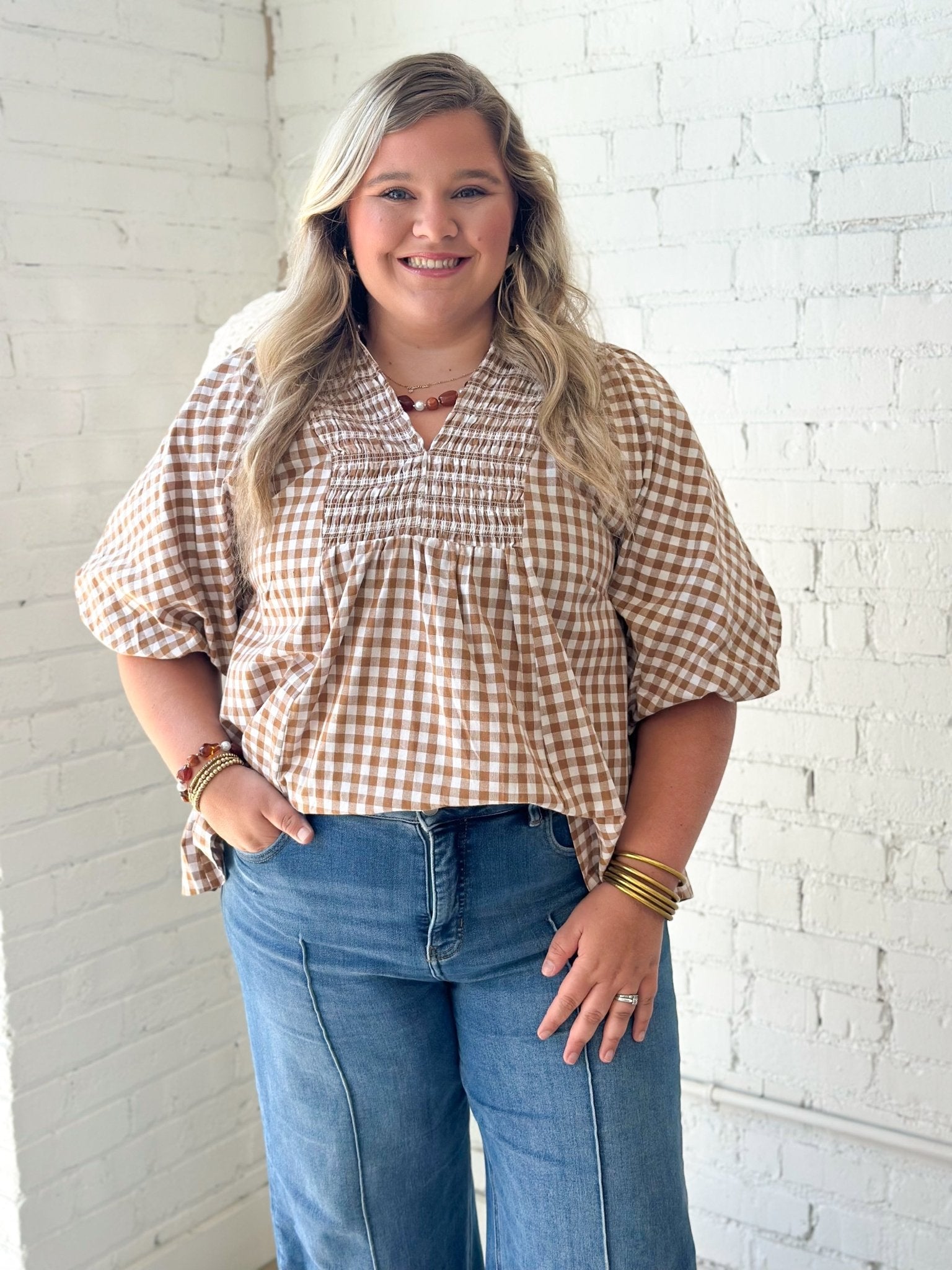Umgee Plaid Smocked Short Sleeve Top - Lavish Boutique01-TOPS