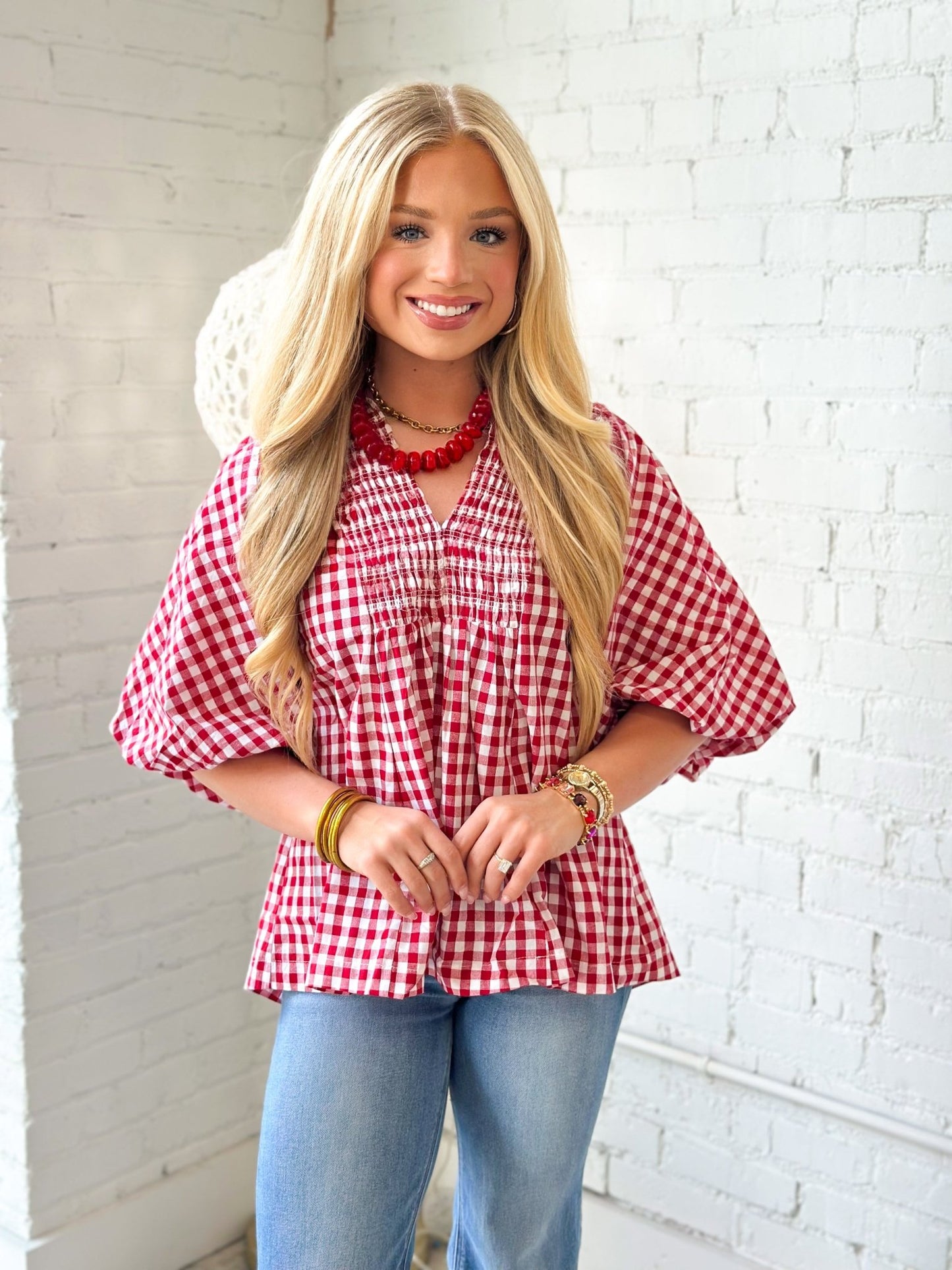 Umgee Plaid Smocked Short Sleeve Top - Lavish Boutique01-TOPS