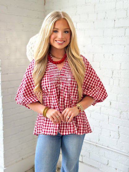 Umgee Plaid Smocked Short Sleeve Top - Lavish Boutique01-TOPS