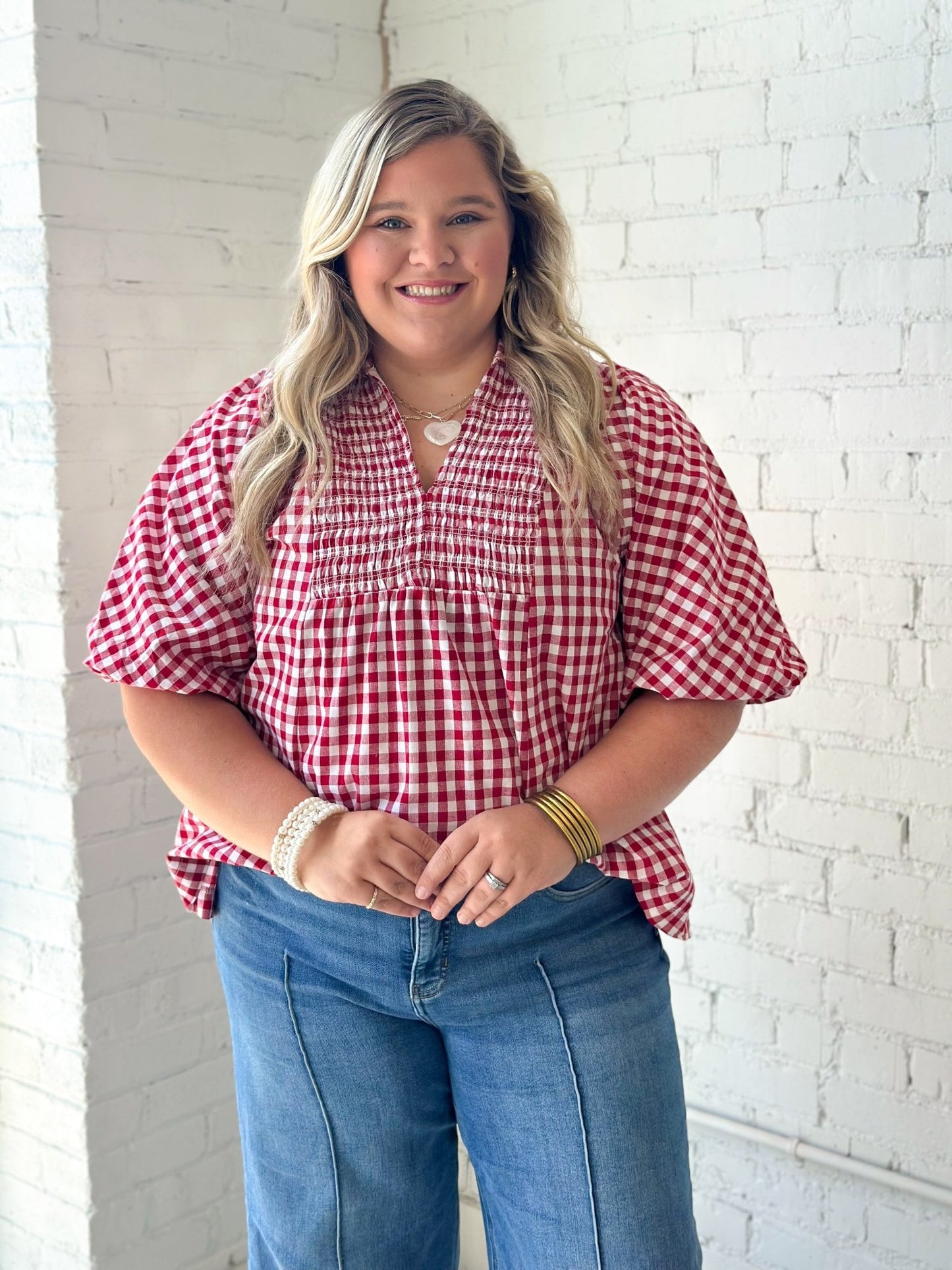 Umgee Plaid Smocked Short Sleeve Top - Lavish Boutique01-TOPS