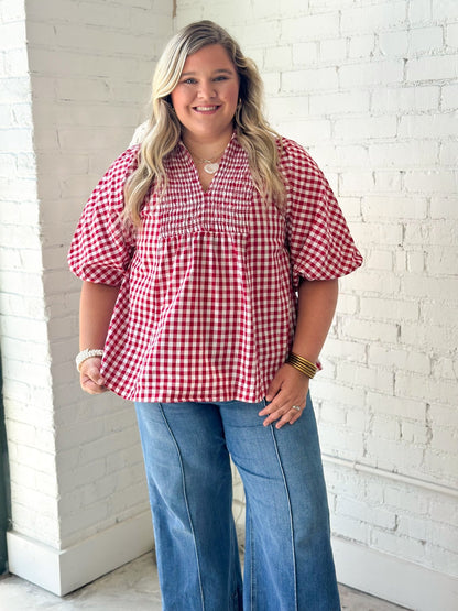 Umgee Plaid Smocked Short Sleeve Top - Lavish Boutique01-TOPS