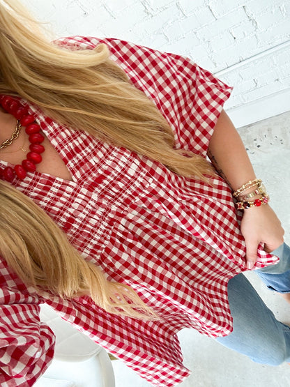 Umgee Plaid Smocked Short Sleeve Top - Lavish Boutique01-TOPS