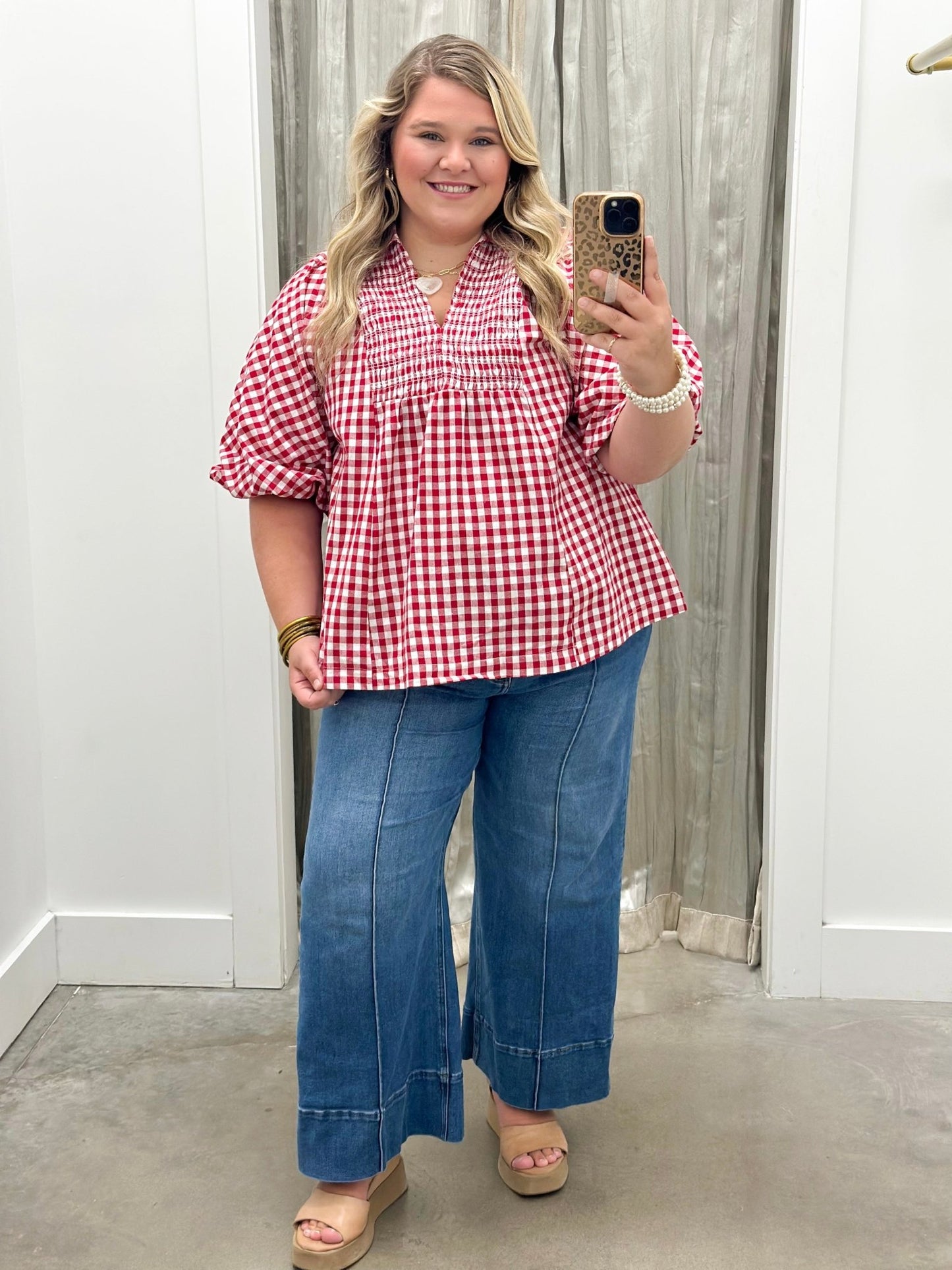 Umgee Plaid Smocked Short Sleeve Top - Lavish Boutique01-TOPS