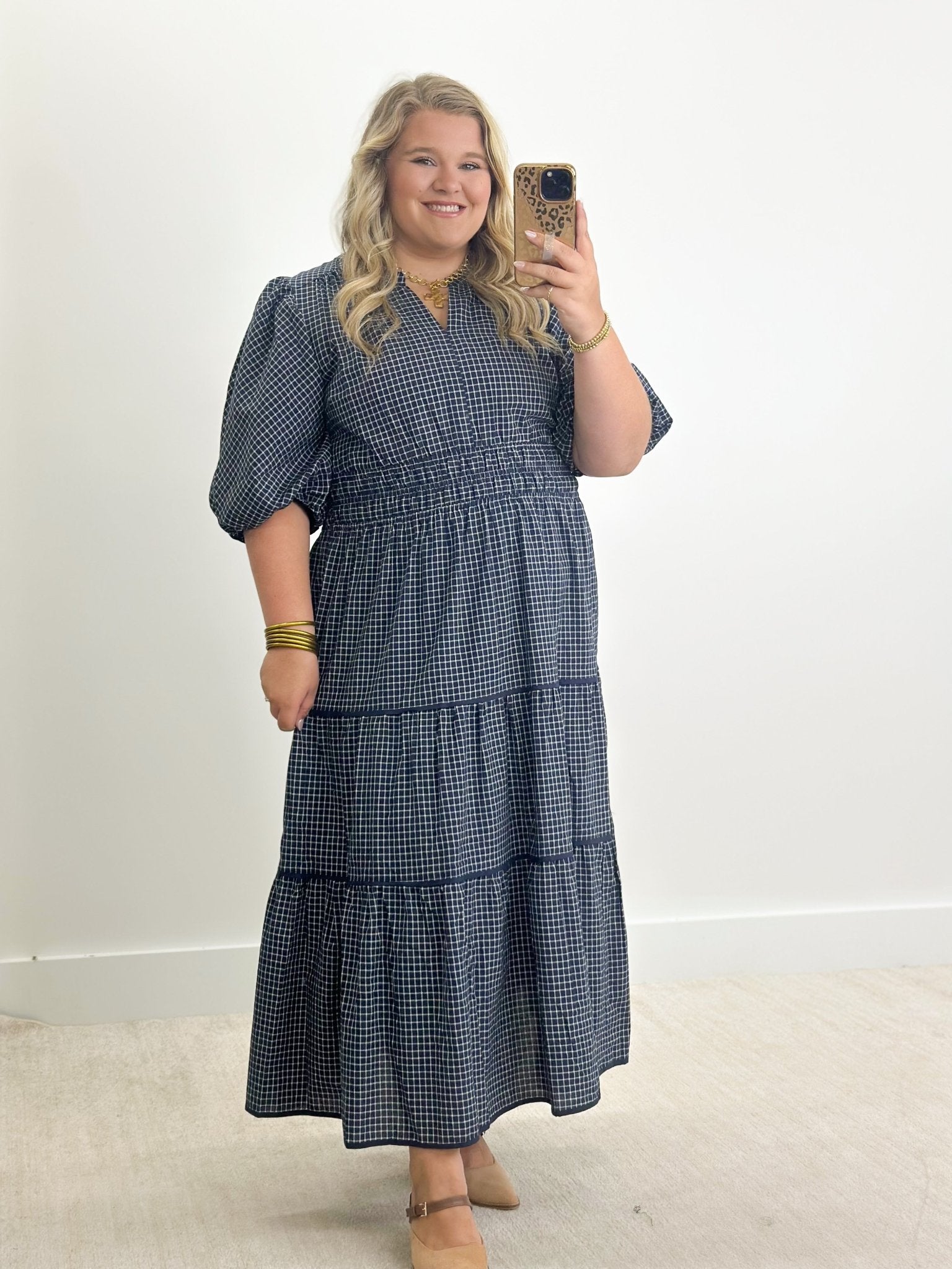 Navy checked plaid dress with a layered skirt