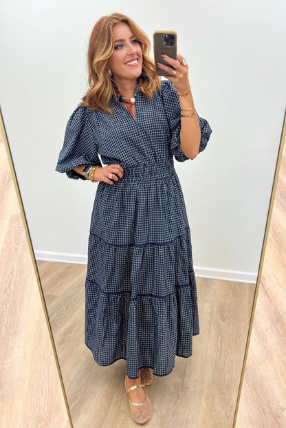 Navy plaid midi dress with a tiered skirt