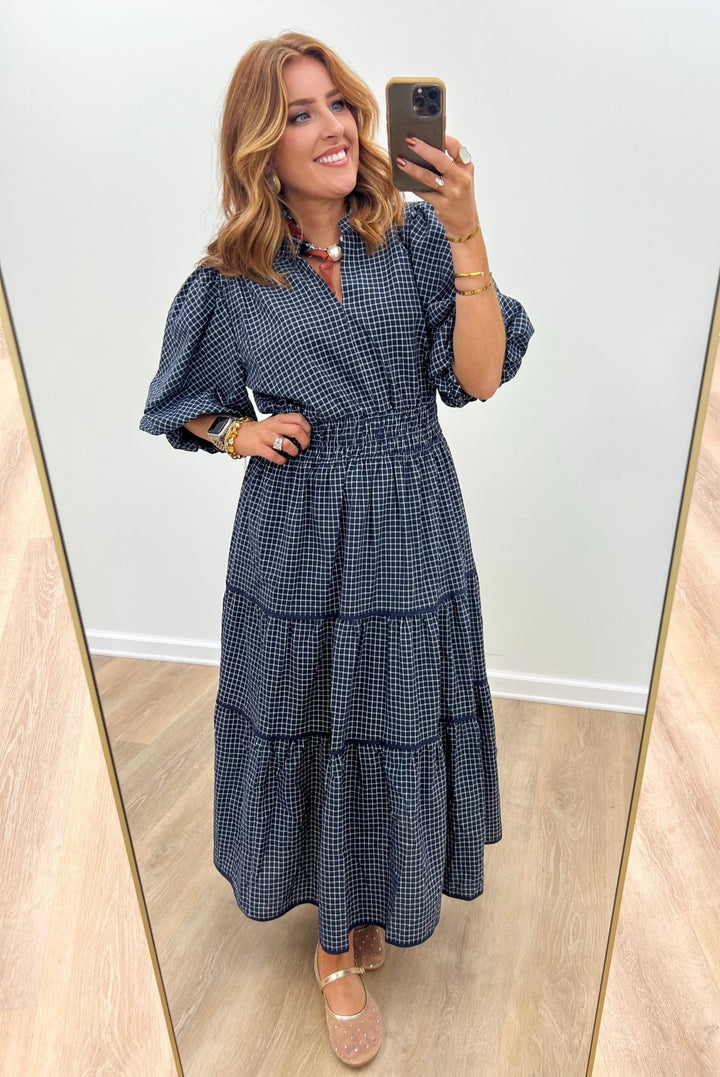 Navy plaid midi dress with a tiered skirt