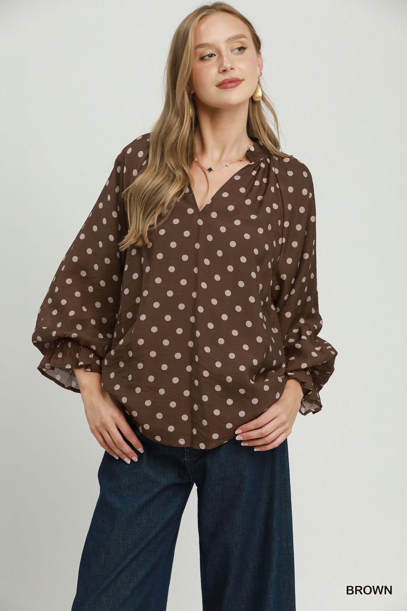 Allover dot print blouse with a soft drape