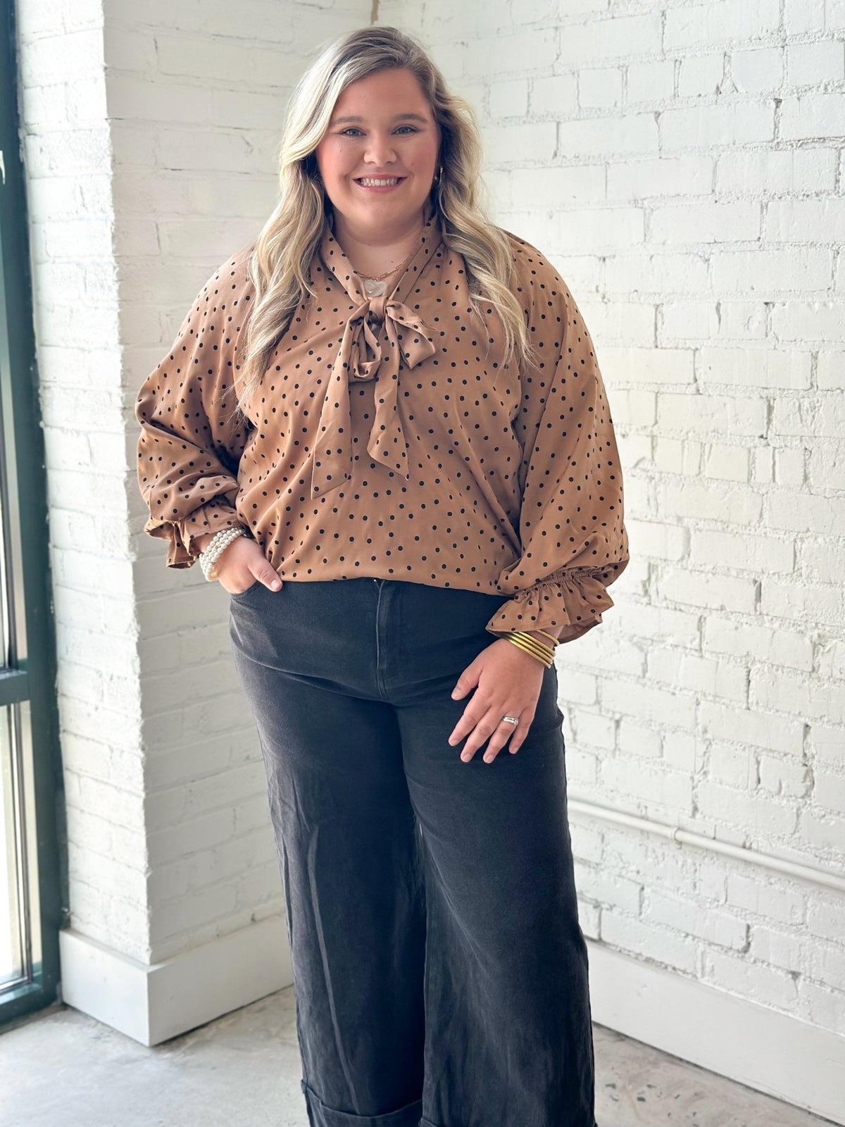 Satin long sleeve blouse with an allover dot print