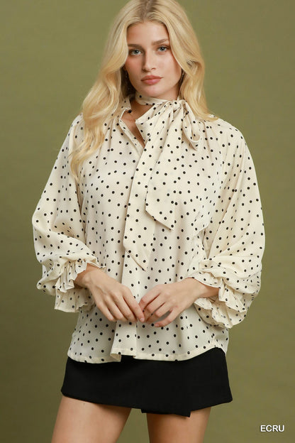 Polka dot satin top with gathered sleeve cuffs