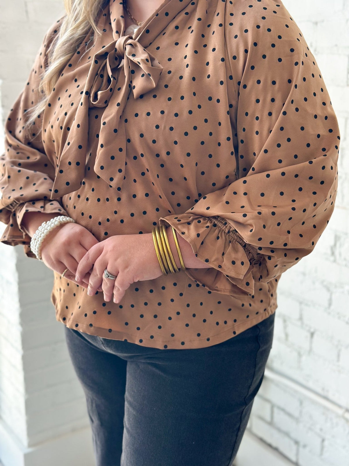 Long sleeve satin top with a tie scarf detail