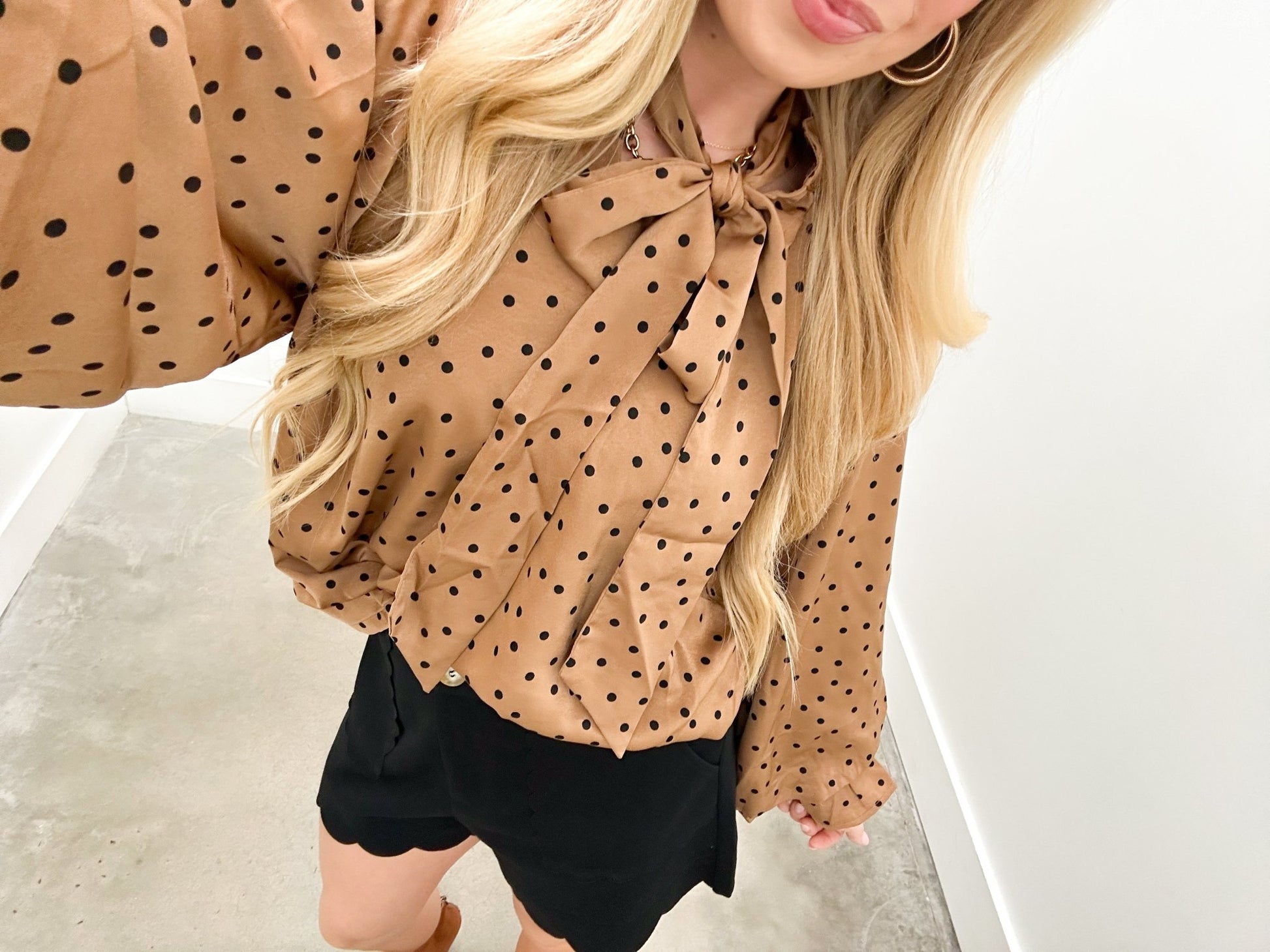 Scarf neck satin blouse in a polka dot print