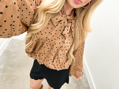 Scarf neck satin blouse in a polka dot print
