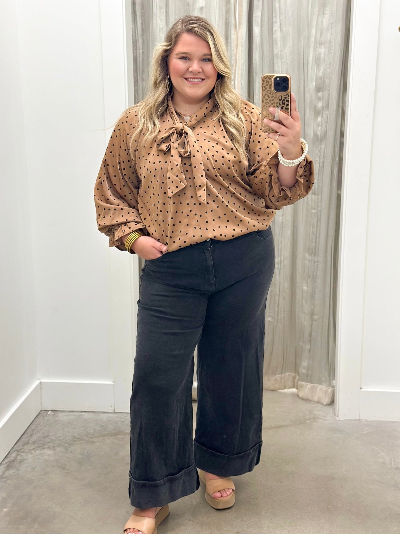 Polka dot satin blouse with a scarf neckline