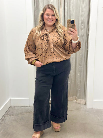 Polka dot satin blouse with a scarf neckline