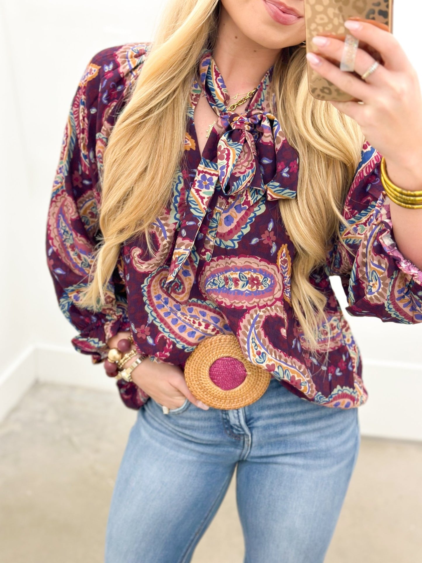 Umgee Printed Collared & Neck Tie Top - Lavish Boutique01-TOPS
