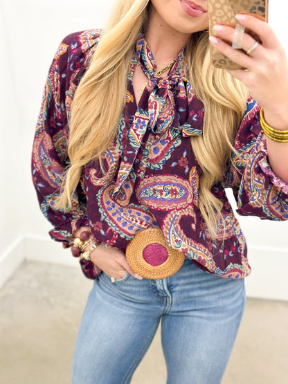 Umgee Printed Collared & Neck Tie Top - Lavish Boutique01-TOPS