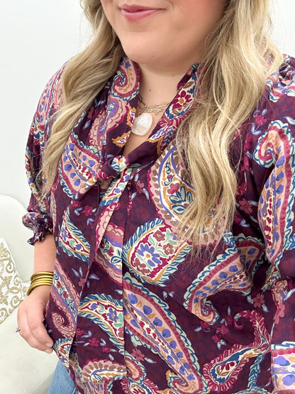 Umgee Printed Collared & Neck Tie Top - Lavish Boutique01-TOPS